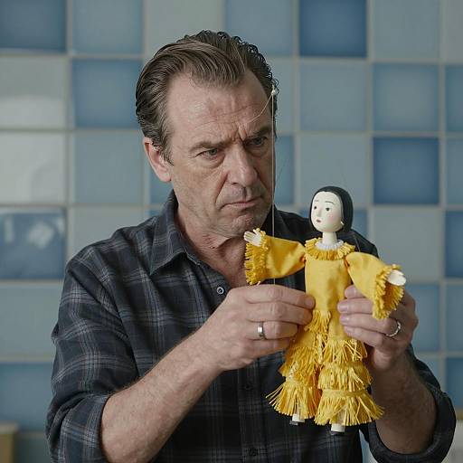 Intense Marionette Performance by Middle-Aged Man