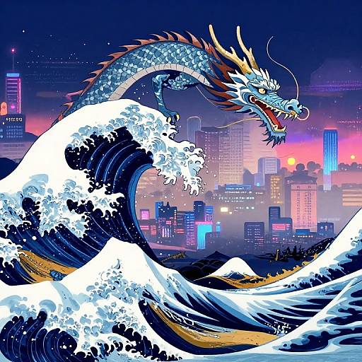 Digital art: vibrant, neon-lit cityscape at dusk with a fierce, blue dragon with orange horns and long whiskers emerging from large, white