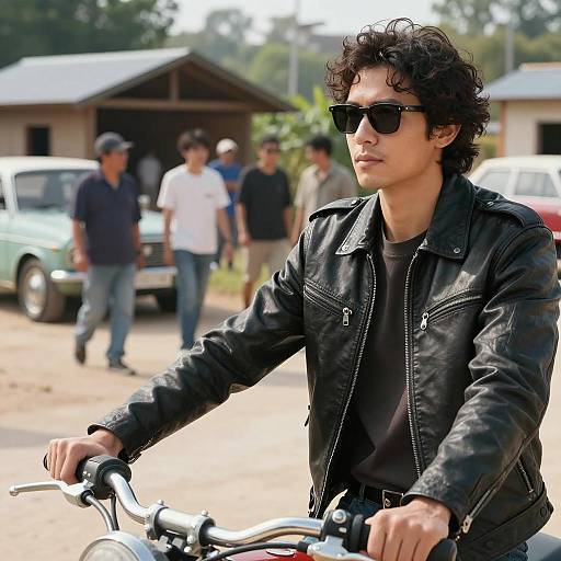 Rider in Rural Setting with Vintage Cars