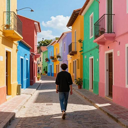 Photograph of a person with short curly hair in a black shirt and blue jeans walking down a colorful, sunlit street with vibrant pink, yellow,