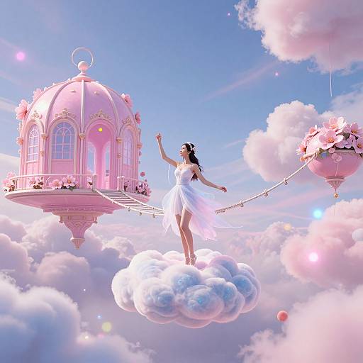 Digital art: Ethereal woman in white dress stands on cloud, arms raised, surrounded by pink domed pavilion, floating flower basket, and sun
