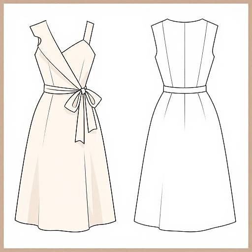 Digital line drawing of a sleeveless, knee-length dress with a tied waist, shown from both front and back views.