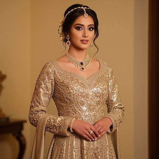 Photograph of a beautiful South Asian woman in an ornate, gold-embroidered traditional wedding gown, adorned with jewelry, standing against a soft