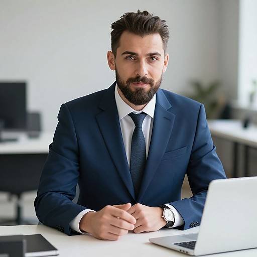Photograph of a bearded man with dark hair in a navy suit, white shirt, and black tie, sitting at a desk with a laptop in
