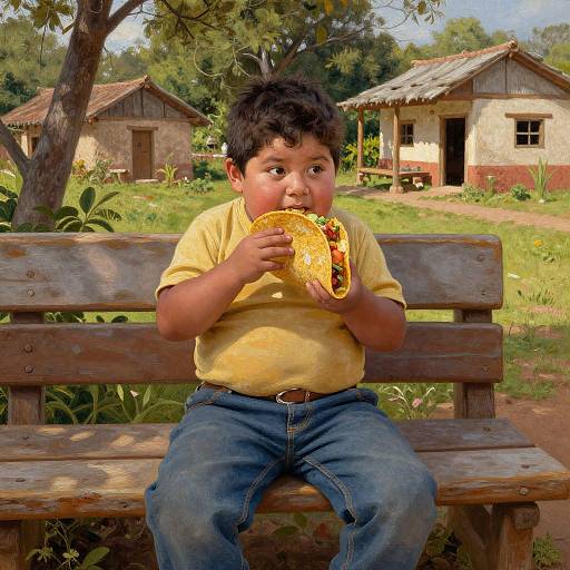 Photograph of a young boy with curly black hair, wearing a yellow shirt and blue jeans, eating a taco on a wooden bench in a rural village