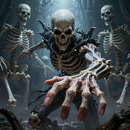 Digital artwork of a skeletal zombie with black, tattered flesh and outstretched, bloody hand, surrounded by three skeletal figures in a dark, eerie