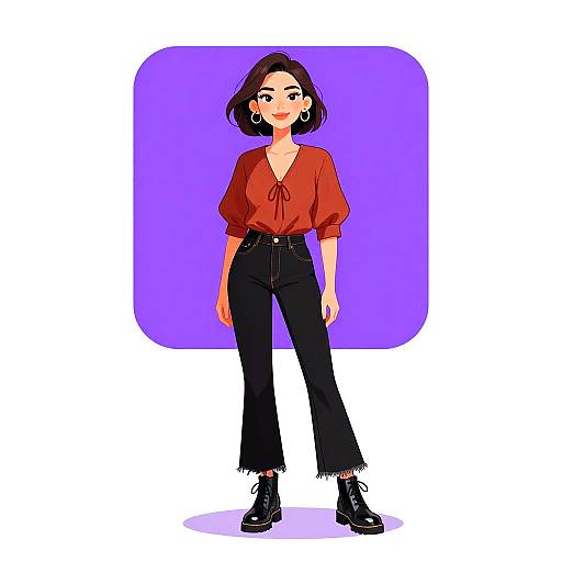 Digital illustration of a confident woman with short black hair, red blouse, black high-waisted pants, and black boots, standing against a purple square