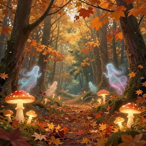 Photograph of enchanted forest with glowing blue ghostly figures, orange autumn leaves, and bright red and yellow mushrooms along a mossy path.