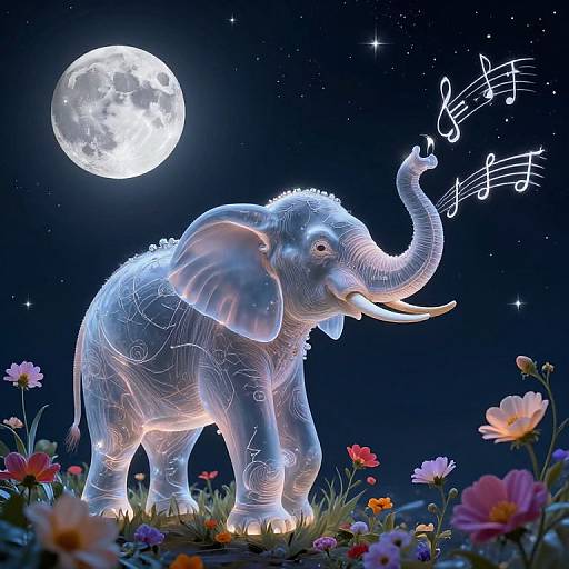 Glowing, translucent elephant with musical notes on trunk stands in colorful flower field under full moonlit night sky. Digital art.