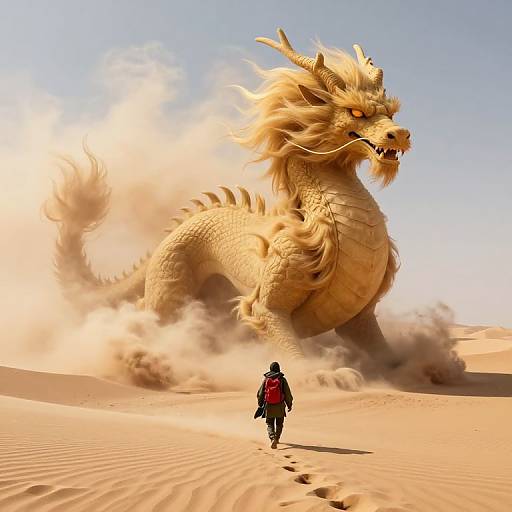 Photograph-style digital artwork: Small adventurer in red cloak and black pants runs toward massive, golden dragon in sandy desert, dust swirling around dragon's massive