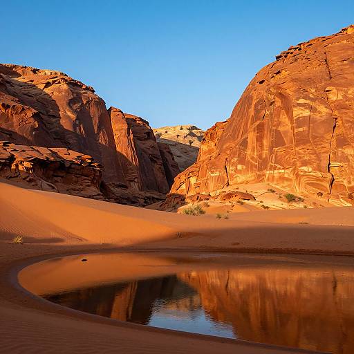 Photograph of a desert canyon with vivid orange-red rocky cliffs, clear blue sky, and a calm, reflective water pool in the foreground.