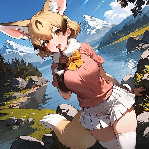 Sunlit Fennec Girl at Mountain Lake
