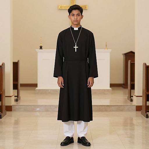Photograph of a young boy in a black Catholic priest's robe, white pants, and black shoes, standing in a brightly lit church with a white