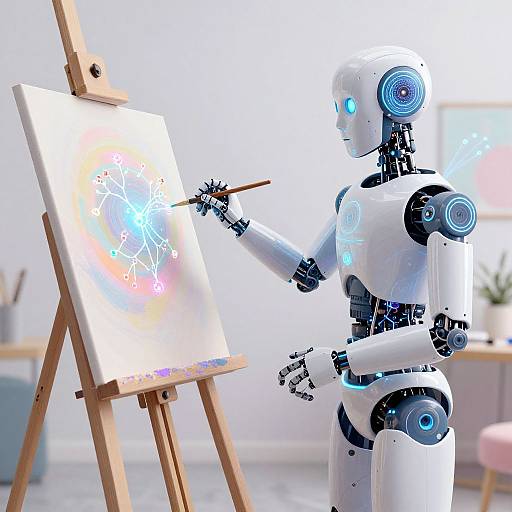 Digital artwork of a glowing, futuristic white robot painting on an easel with colorful, abstract light patterns. Bright, modern studio background.