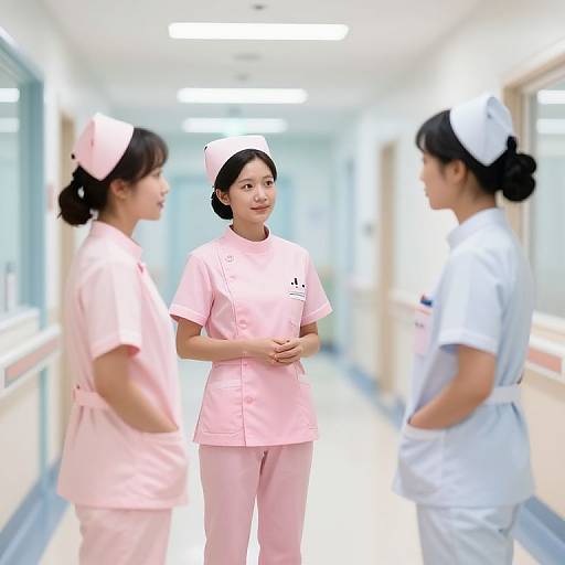 Photograph of three Asian female nurses in a brightly lit hospital hallway, two in pink uniforms and one in white, standing and conversing.