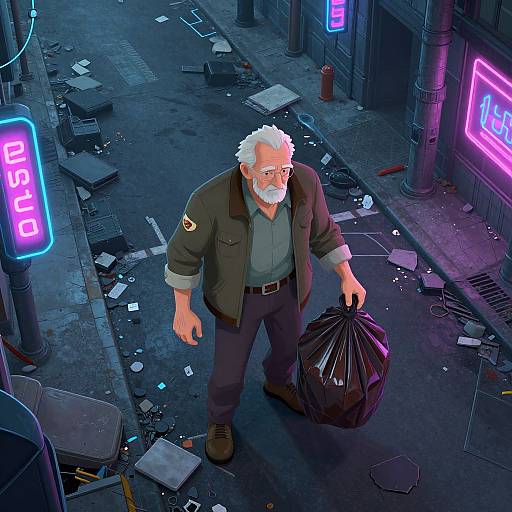 Digital anime-style artwork of a white-haired, bearded elderly man in a green jacket and black pants, carrying a black trash bag, walking through a