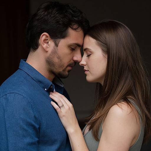Photograph of a couple with close eyes, nose to nose, in an intimate moment. The man wears a blue shirt, the woman a gray tank
