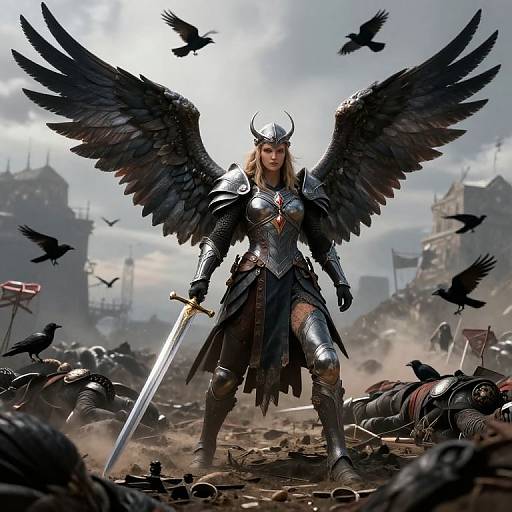 Digital fantasy artwork of a winged female warrior in black armor, standing victorious with a sword, amidst fallen soldiers and ravens.