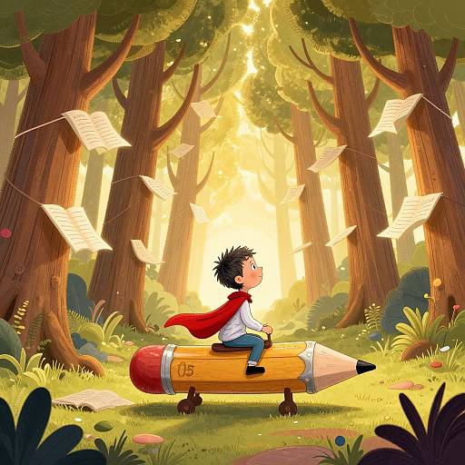 Digital illustration of a black-haired child in a red cape, white shirt, and blue pants, sitting on a giant pencil, surrounded by floating papers in