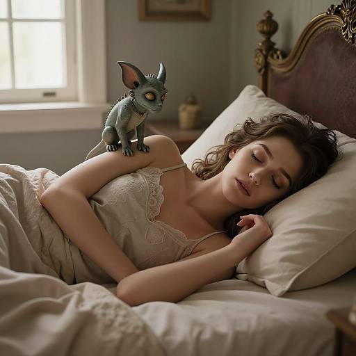 Photograph of a sleeping woman with brown wavy hair in a lace nightgown, with a small blue cartoon-like creature on her shoulder, in