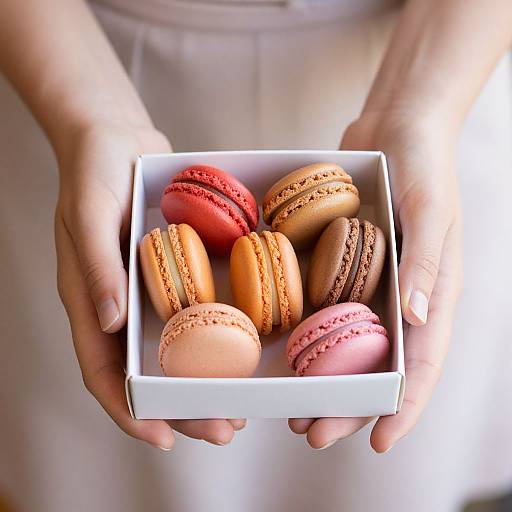 Photograph of hands holding a white box filled with assorted macarons in red, orange, pink, and beige, against a blurred white background.
