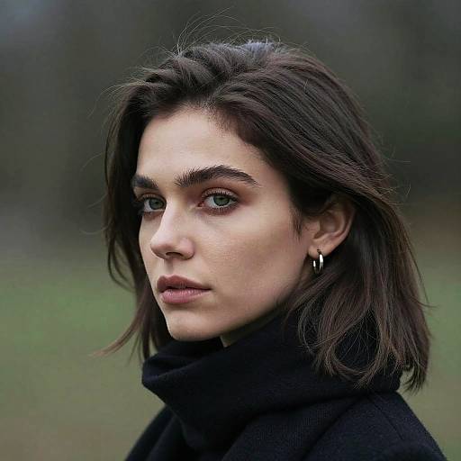Photograph of a pale-skinned woman with dark brown hair, wearing a black turtleneck, hoop earrings, and intense expression, against a blurred