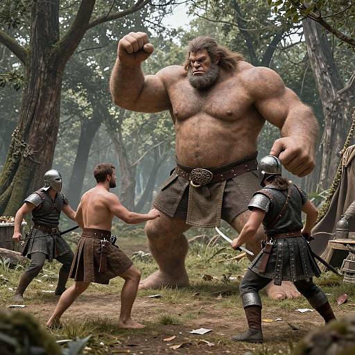 Digital artwork of a muscular, bearded giant in a brown loincloth, fighting three armored gladiators in a dense forest.