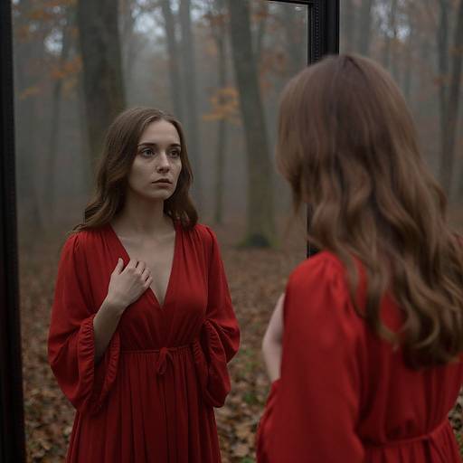 Photograph of a young woman with wavy brown hair, wearing a red dress, standing in a foggy autumn forest, gazing at her reflection