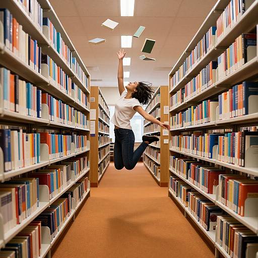 Photograph of a joyful woman with curly black hair, white t-shirt, and blue jeans jumping in a brightly lit library aisle, books on both sides