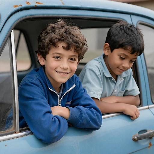Playful Boys in a Rusty Blue Car