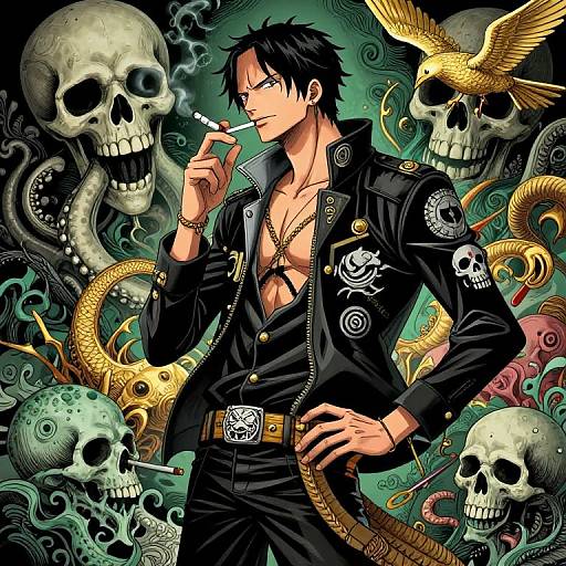 Anime-style digital artwork of a smirking, black-haired man in an open black jacket, surrounded by skulls, serpents, and a golden