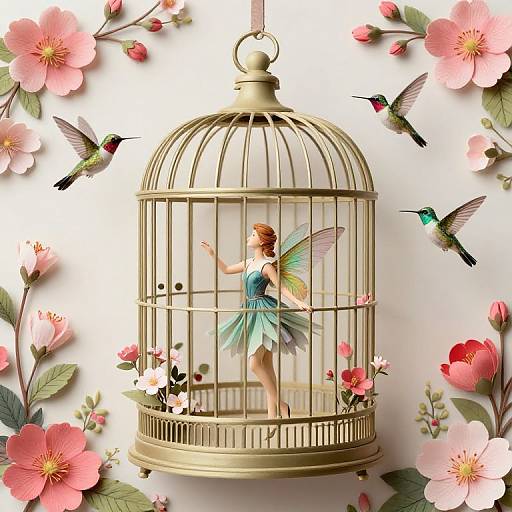 Fairy in Birdcage Amid Blossoms
