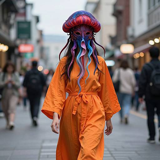 Photograph of a person in an orange jumpsuit and vividly colored, alien-like mask with tentacles, walking down a busy urban street.
