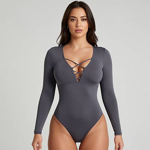 Photograph of a brunette woman with long hair, wearing a dark blue, long-sleeved, lace-up one-piece swimsuit, standing against a