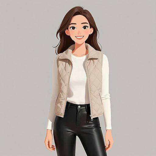 Digital illustration of a smiling woman with long brown hair, wearing a white shirt, beige quilted vest, and black leather pants.