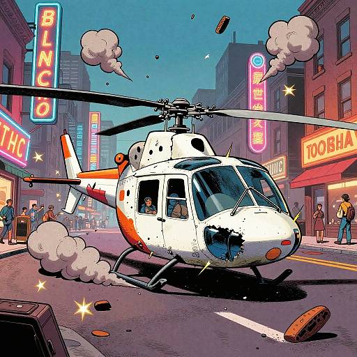 Vintage Comic Helicopter Crash Scene