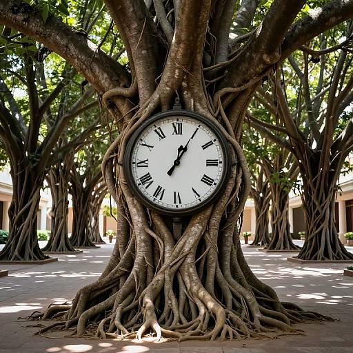 Photograph of a large tree with intertwined roots, featuring a vintage-style clock face showing 10:10, in a sunlit, tree-lined courtyard