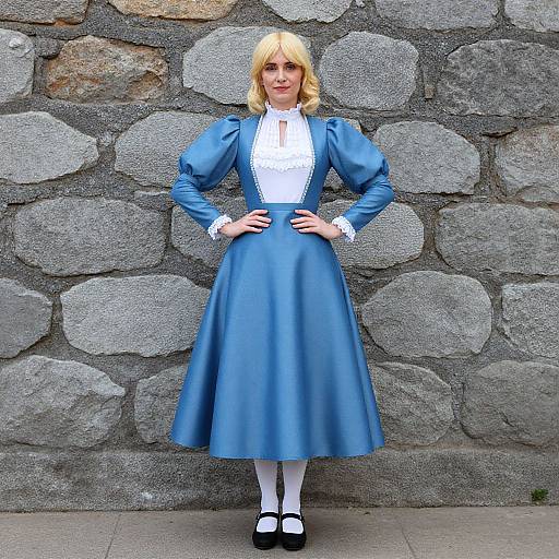 Photograph of a blonde woman in a blue, puffed-sleeve, high-low dress with white lace collar, white stockings, and black Mary