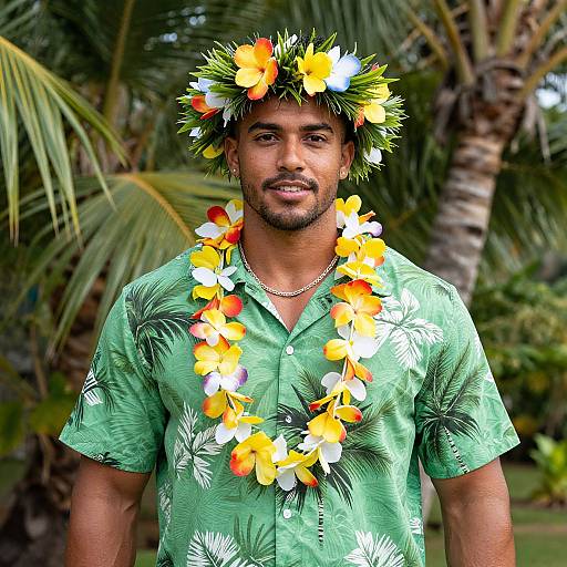 Photograph of a tan-skinned man with a beard, wearing a green floral shirt, yellow and white flower lei, and tropical flower crown, standing