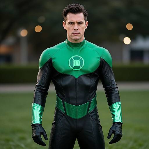 Photograph of a muscular, handsome man in a green and black Iron Man-inspired superhero suit with glowing green arm cuffs, standing confidently on a grassy