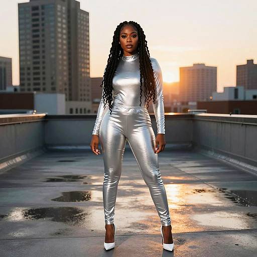 Photograph of a Black woman with long dreadlocks standing on a rooftop at sunset, wearing a shiny silver long-sleeve jumpsuit and white high