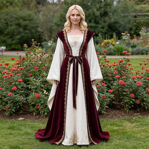 Photograph of a blonde woman in a long, white, embroidered dress with deep maroon velvet sleeves and sash, standing in a lush garden with