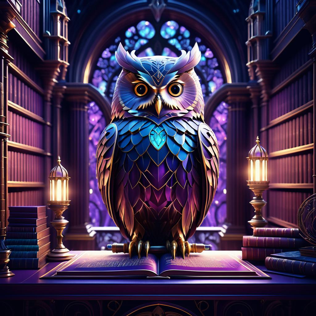 Enchanted Owl in a Mystical Library