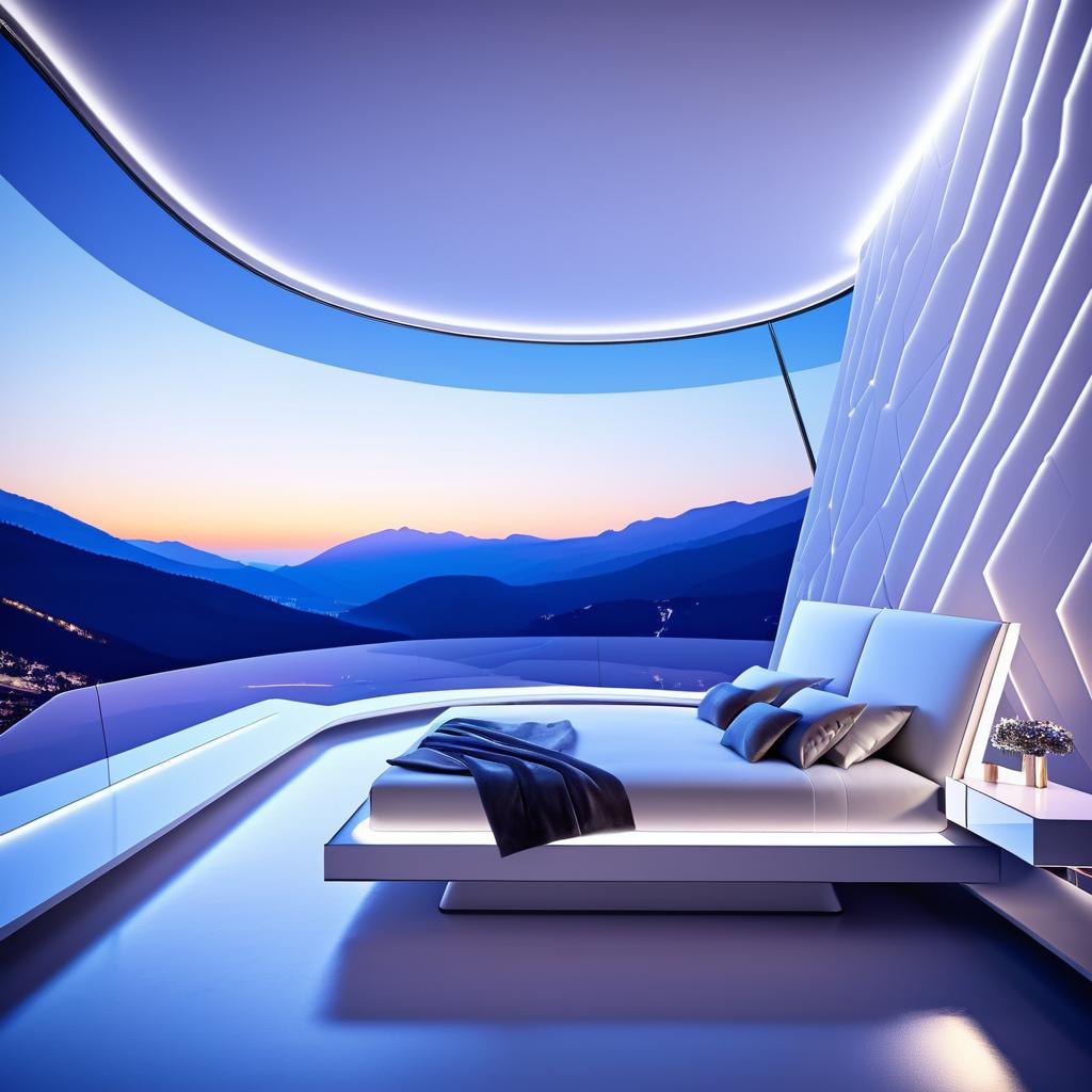 Futuristic Luxurious Bedroom with Mountain View