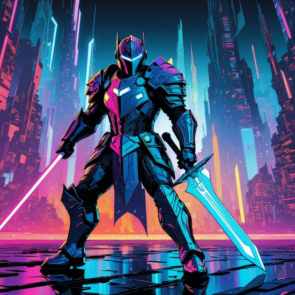 Futuristic Knight in Neon Battle