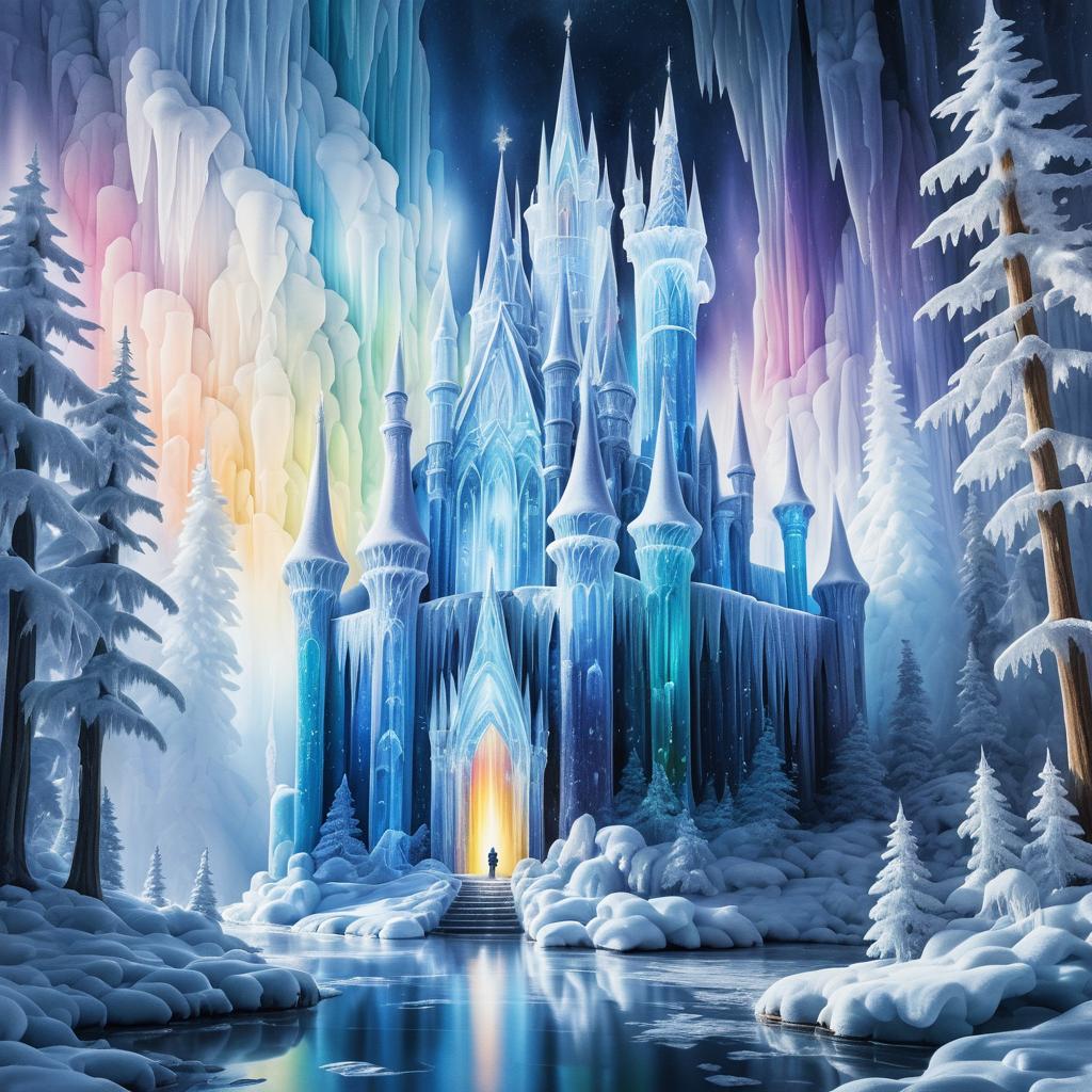 Colorful Ice Castle in Snowy Forest