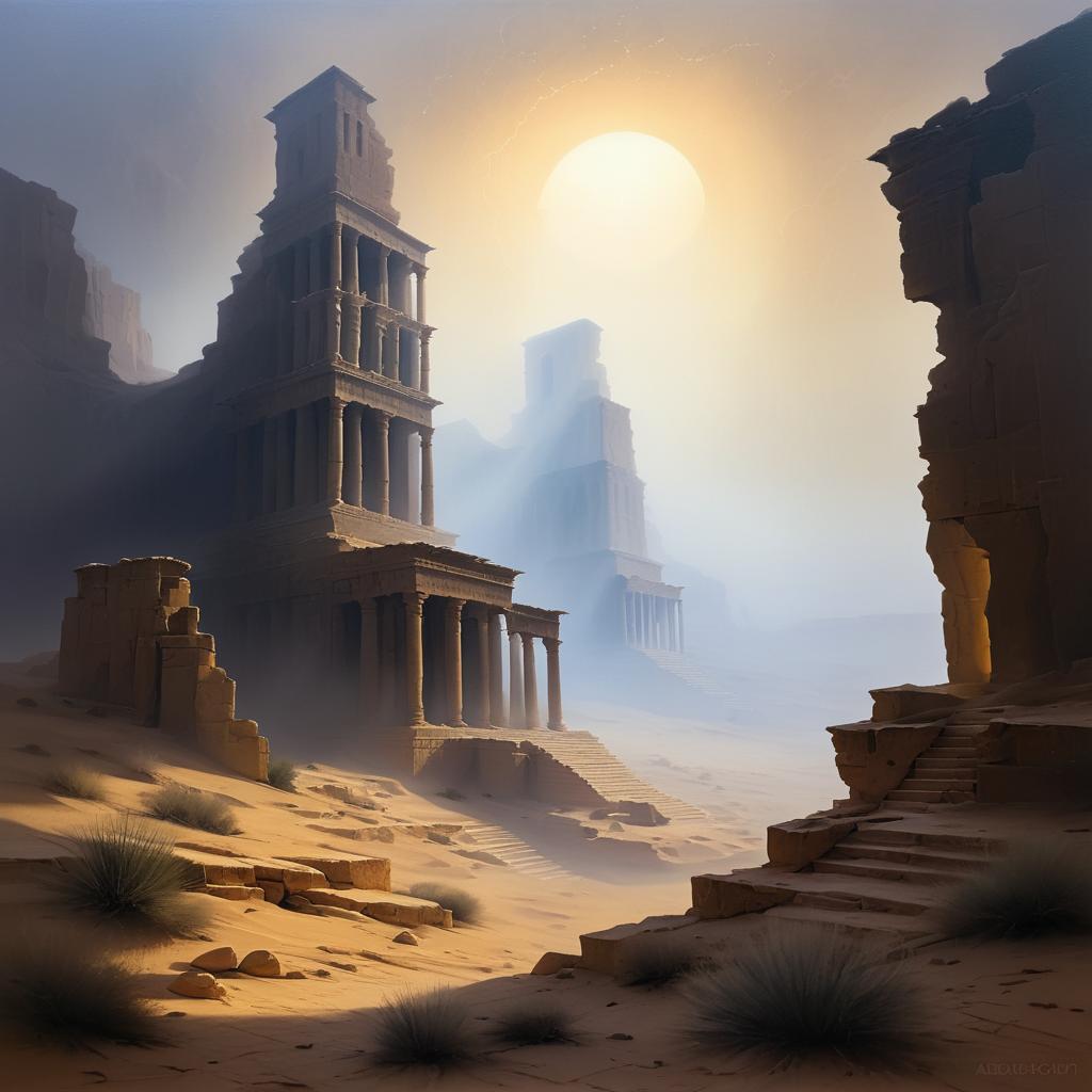 Mysterious Ancient Ruins in Desert Mist