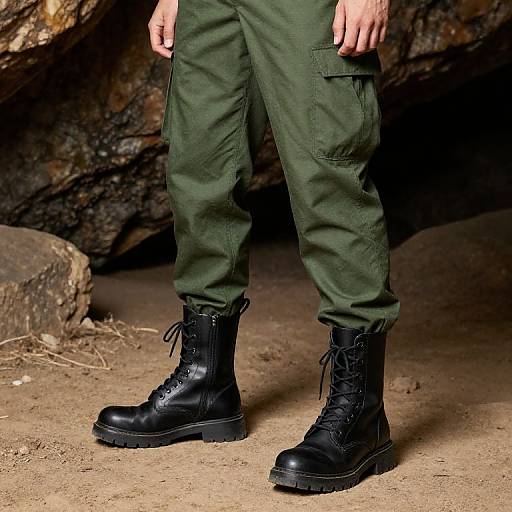Green Cargo Pants with Black Combat Boots in Cave