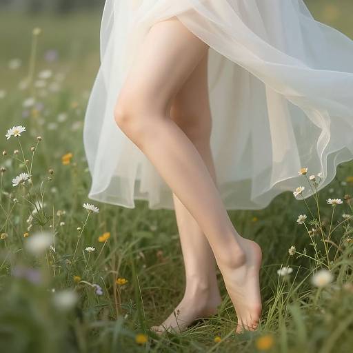 Photograph of a woman's bare legs and feet in a flowing white dress, standing in a sunlit meadow with daisies and wildflowers