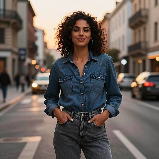 Photograph of a curly-haired woman with medium skin tone, wearing a blue denim shirt and high-waisted jeans, standing confidently on a urban street